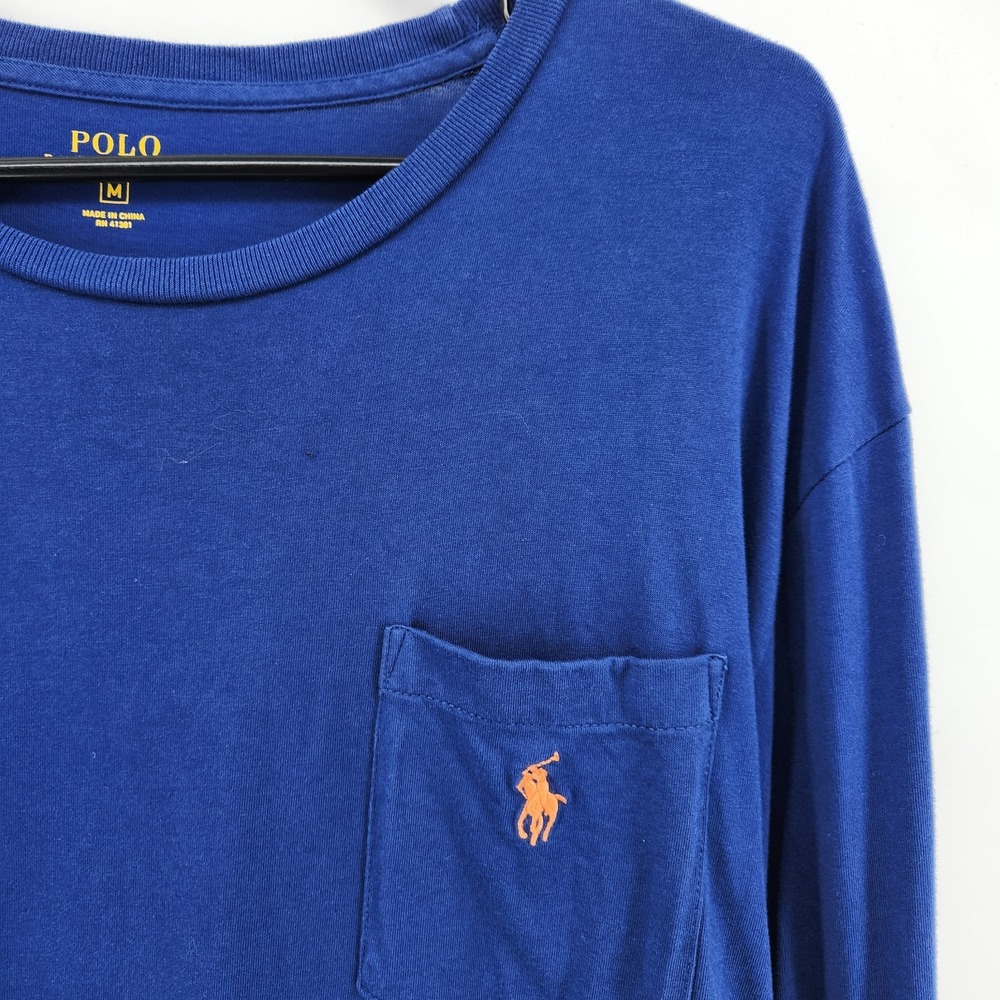 Men's Polo Ralph Lauren Long Sleeve Crew Neck Tee Navy Size M Orange Pony Pocket
